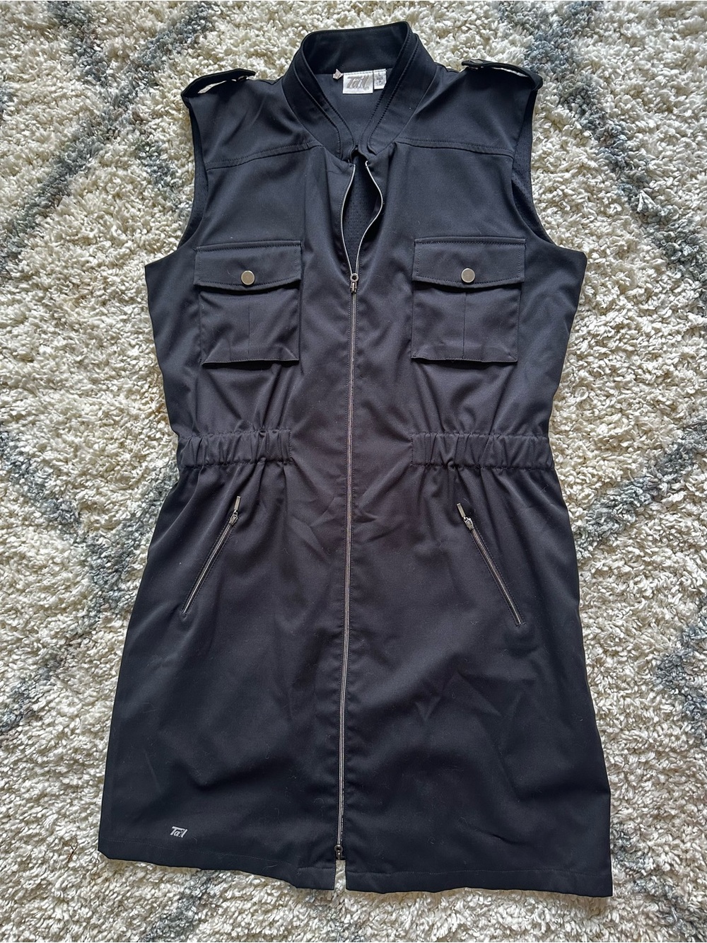 Tail Black Solid Shift Knee Dress Sleeveless Zip Front Pockets Sz L